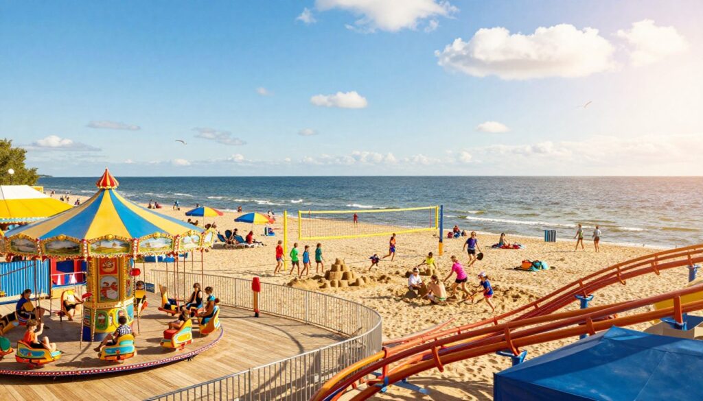 A picturesque scene showcasing family-friendly attractions in Łeba, Poland, ideal for both children and adults. In the foreground, a vibrant amusement park bustling with happy kids and parents enjoying rides such as a colorful carousel and a mini roller coaster. In the middle ground, a sandy beach with families playing beach volleyball and building sandcastles, while others relax under colorful beach umbrellas. The background features the stunning Baltic Sea under a bright blue sky, with fluffy white clouds and seagulls soaring above. The warm, golden sunlight creates a cheerful and inviting atmosphere, capturing the essence of a fun-filled day at the seaside. The image should have a wide-angle perspective to emphasize the lively atmosphere and beautiful landscape, without any text or overlays.