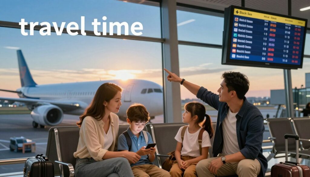 A picturesque travel scene illustrating the concept of "travel time" to the Black Sea. In the foreground, a family dressed in smart casual attire is sitting at an airport gate, eagerly awaiting their flight. The mother is checking flight times on her smartphone, while the father points towards the flight information board, creating a sense of anticipation. In the middle ground, an airplane can be seen through the large glass windows, ready for departure, with the sun setting in the background, casting a warm golden glow. The background features a blue sky transitioning to twilight, enhancing the atmosphere of journey and adventure. The lighting is soft and inviting, suggesting a feeling of excitement and anticipation for their holiday.