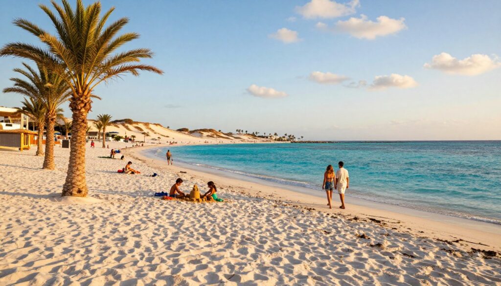 A picturesque view of Djerba's stunning beaches, featuring soft, white sands and crystal-clear turquoise waters gently lapping at the shore. In the foreground, a few palm trees sway lightly in a warm, golden sunlight, casting soft shadows on the sand. In the middle ground, a vibrant beach scene unfolds with families enjoying the serene environment, children building sandcastles, and a couple strolling along the water’s edge, all dressed in casual summer attire. The background showcases rolling dunes and a clear blue sky with wispy clouds, creating a tranquil, inviting atmosphere. The scene is captured at sunset, giving a warm glow to the entire landscape, evoking feelings of peace and leisure, perfect for illustrating the natural beauty of Djerba's coast.