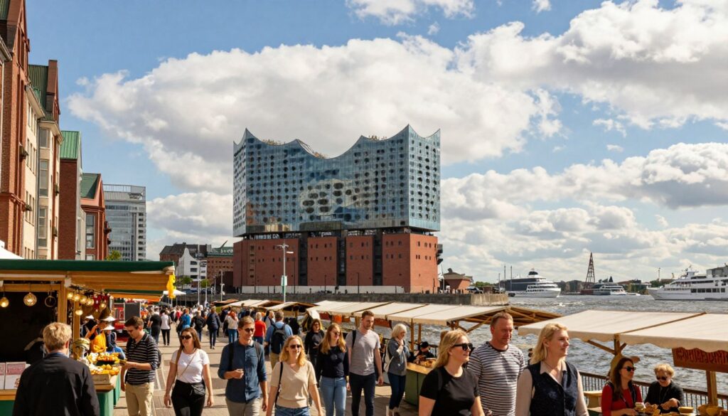 A picturesque view of Hamburg, Germany, showcasing the city's dynamic weather. In the foreground, a vibrant street scene with diverse tourists dressed in smart casual clothing, joyfully navigating the lively market stalls. The middle ground features iconic Hamburg architecture, such as the Elbphilharmonie and historic warehouses, partially enveloped in fluffy white clouds beneath a bright blue sky. The background captures a panoramic view of the harbor, with boats and gentle waves reflecting sunlight, indicating a pleasant summer day. Soft natural lighting illuminates the scene, creating a warm and inviting atmosphere. The angle showcases a wide lens view to emphasize the beauty of the city while capturing a sense of adventure.