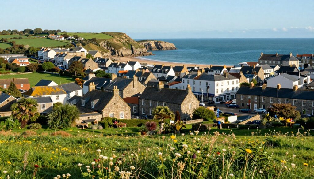 A picturesque view of Jersey Island, showcasing its natural beauty and vibrant culture. In the foreground, lush green fields speckled with wildflowers and a quaint village with charming stone houses. The middle ground features the capital, St. Helier, displaying distinctive architecture with bustling streets. In the background, the coastline stretches into the deep blue Atlantic Ocean, with cliffs and sandy beaches under a clear sky. The image captures soft golden sunlight, creating a warm and inviting atmosphere. The scene is depicted from a slight elevation, providing a comprehensive view of the island’s layout while maintaining a serene and peaceful mood. The composition feels vibrant yet tranquil, reflecting the unique essence of Jersey Island.