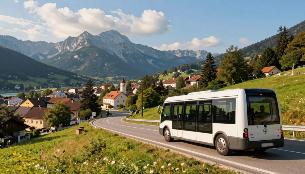 A picturesque view of Slovenia's scenic transport options between cities. In the foreground, a stylish, modern, electric vehicle parked at a scenic overlook, showcasing the beauty of Slovenia’s countryside. The middle ground features a winding road leading towards a vibrant cityscape filled with charming European architecture and greenery. In the background, majestic mountains rise against a bright blue sky with fluffy white clouds, hinting at adventure and travel. The lighting is warm and inviting, suggesting a late afternoon setting, with soft golden rays illuminating the scene. The atmosphere is lively and hopeful, capturing the ease of transportation in Slovenia, with a focus on eco-friendly travel options.
