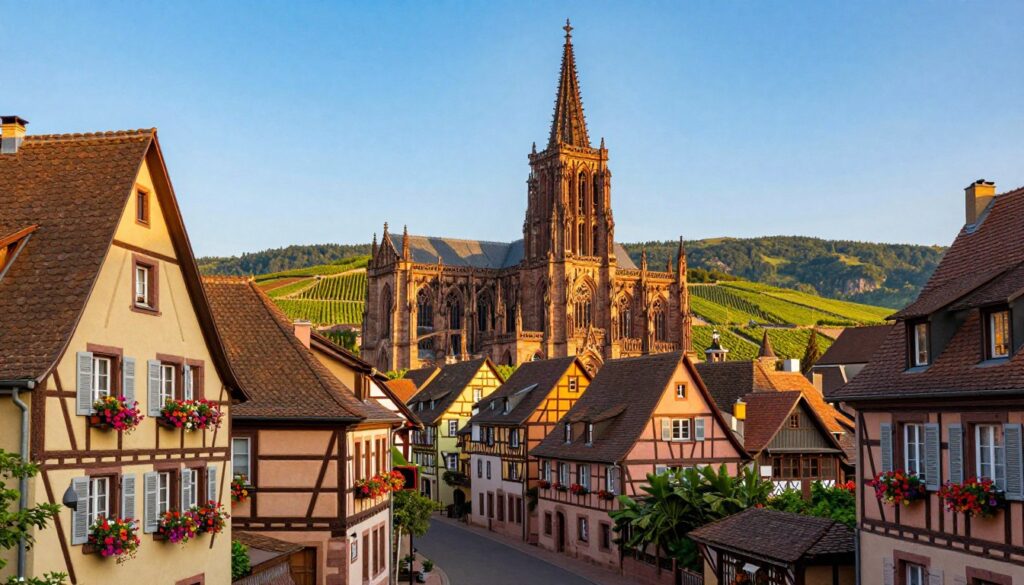 A picturesque view of the Alsace region highlighting its unique architectural blend of French and German styles. In the foreground, a quaint village street lined with traditional half-timbered houses adorned with colorful flower boxes. The middle ground features the iconic Strasbourg Cathedral rising majestically against a clear blue sky, its intricate gothic details capturing the essence of the city’s identity. In the background, gently rolling vineyards and the Vosges mountains create a lush, serene atmosphere. Soft, warm lighting during golden hour casts a dreamy glow over the scene, emphasizing the rich cultural and historical significance of the region. The mood is inviting and vibrant, reflecting the charm and identity of Alsace.