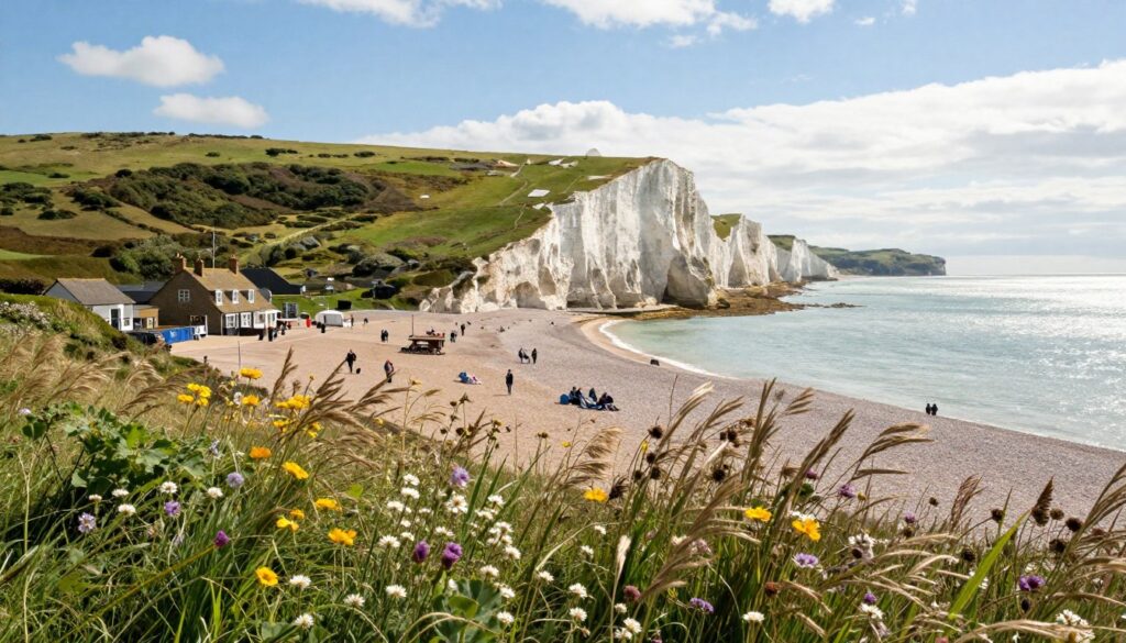 A picturesque view of the Isle of Wight, showcasing its stunning coastal cliffs and lush greenery. In the foreground, include vibrant wildflowers swaying in the gentle breeze, with a sandy beach leading to the iconic white chalk cliffs. In the middle ground, depict a quaint seaside village with charming houses featuring traditional British architecture, and people engaged in leisurely activities, dressed in casual attire. In the background, capture a clear blue sky with soft clouds, and the shimmering sea reflecting the sunlight. The scene should convey a tranquil, inviting atmosphere, using warm, natural lighting to highlight the beauty of the island and emphasize its unique landscape. The angle should be wide, offering a panoramic view that encapsulates the essence of the Isle of Wight.