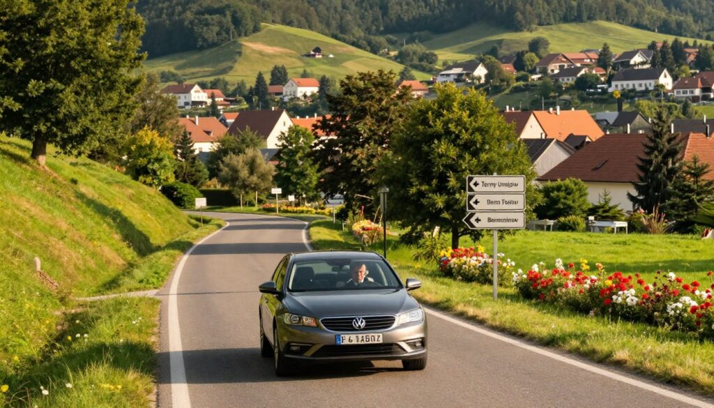 A picturesque view of the scenic route leading to the Termy Uniejów, showcasing a well-maintained road flanked by lush greenery and rolling hills. In the foreground, a modern car is driving along the winding path, with the driver appearing focused and comfortable in professional attire. The middle ground features directional signs pointing towards the thermal baths, along with a few subtle landmarks like trees and a vibrant flower garden. In the background, the charming city of Uniejów is visible, with its quaint architecture and soft, warm sunlight illuminating the scene, casting gentle shadows. The atmosphere is serene and inviting, capturing the essence of a relaxing journey to the thermal spa. The image is shot from a slightly elevated angle, giving a comprehensive view of the landscape.