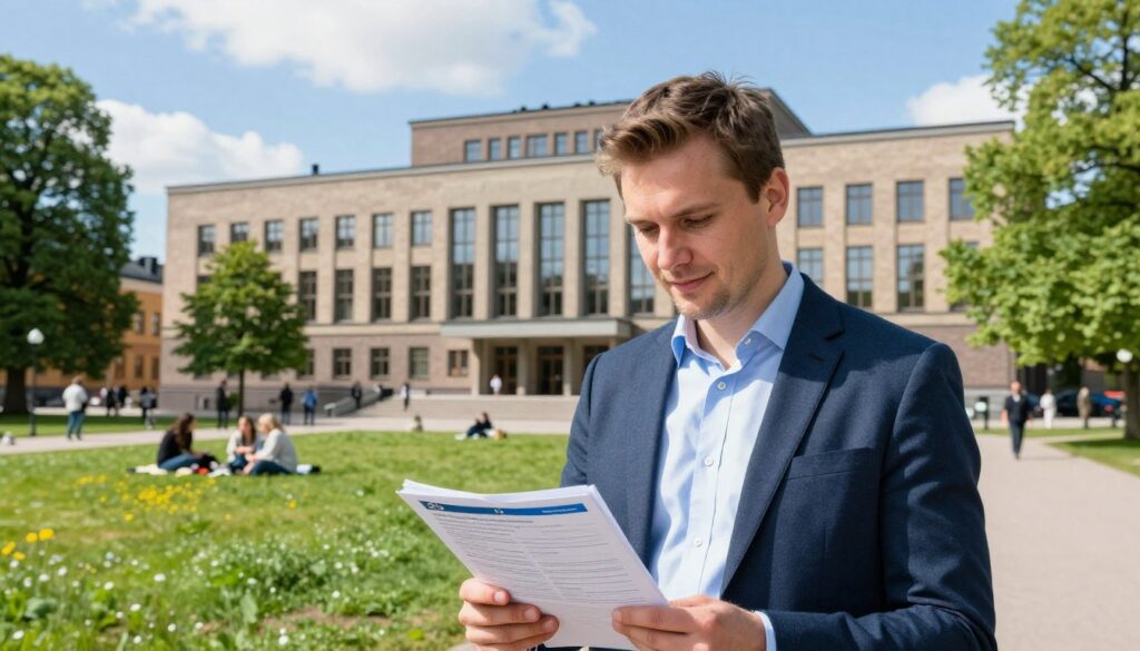 A professional Polish individual in smart casual attire is standing in front of a modern Swedish government building, symbolizing residency rights in Sweden. In the foreground, the person is reviewing essential documents related to residency and insurance, with focused expressions. The middle ground features a vibrant park with typical Scandinavian trees and people enjoying leisure activities, representing a friendly atmosphere. The background displays the iconic architecture of Sweden, with bright blue skies and soft, natural lighting highlighting the scene. The angle is slightly elevated, giving a comprehensive view of the environment while maintaining the person as the focal point. The overall mood is optimistic and welcoming, emphasizing the opportunities available for Poles residing in Sweden.