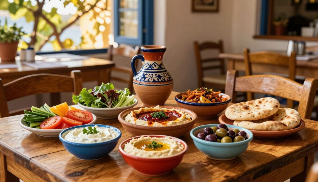A rustic Greek taverna setting filled with an array of vibrant mezedes (small dishes) laid out on a wooden table. In the foreground, colorful bowls of tzatziki, hummus, and baba ghanouj are surrounded by fresh vegetables, olives, and delicious pita bread. The middle ground features a warm, inviting ambiance with traditional Greek pottery and simple wooden chairs. In the background, soft golden sunlight filters through a vine-covered window, casting gentle shadows on the scene. The atmosphere is lively yet cozy, suggesting a communal dining experience. Capture the colors and textures in high detail, with a focus on the inviting food and warm gem tones that evoke a Mediterranean summer.
