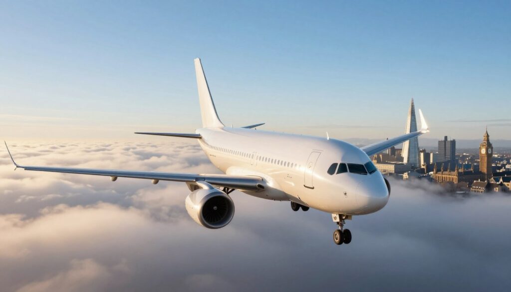 A scenic aerial view of a flight path from Poland to London, showcasing a beautifully designed airplane soaring through a clear blue sky. In the foreground, the airplane should feature a sleek modern design, with its wings and engines prominently displayed. The middle ground includes a soft gradient of clouds, providing a sense of altitude and motion. In the background, a glimpse of iconic London landmarks, such as the Shard and Big Ben, is visible near the horizon, hinting at the destination. The lighting should be bright and inviting, capturing the warmth of a sunny day. The overall mood should evoke a sense of adventure and anticipation, with the airplane positioned slightly off-center to draw the viewer's focus toward the glowing skyline of London.