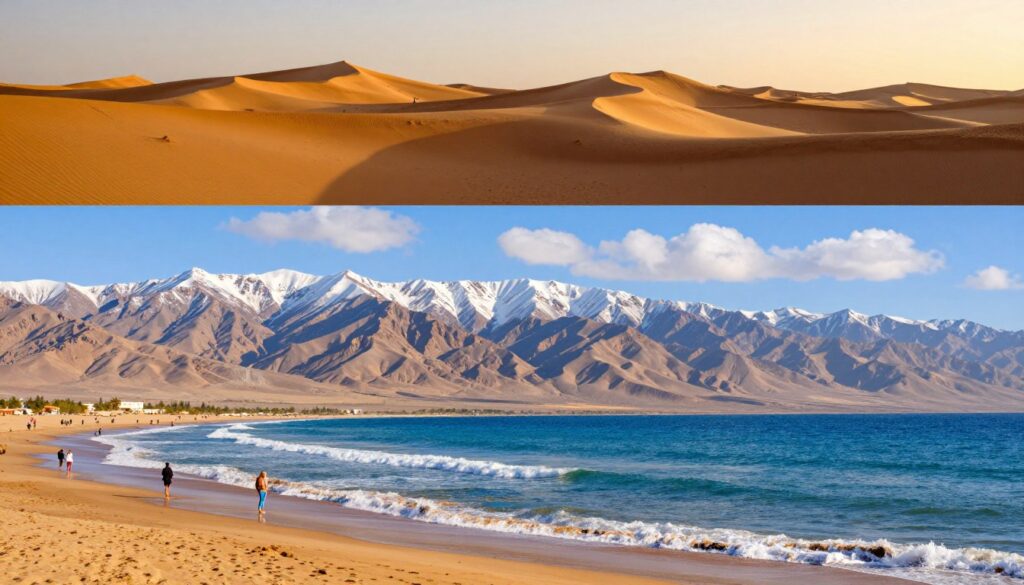 A scenic composite of Morocco's diverse climate and geography, featuring three distinct landscapes: in the foreground, the vibrant blue Atlantic Ocean with gentle waves lapping against golden sandy beaches, where a few travelers in modest casual attire enjoy the sunshine; in the middle, majestic snow-capped mountains of the High Atlas range, with a clear blue sky and scattered fluffy clouds, inviting adventure seekers; in the background, the vast Sahara Desert with rolling dunes under a warm sunset, casting long shadows and creating a sense of tranquility. The lighting is warm and golden, enhancing the natural beauty, with a wide-angle lens to capture the expanse of each landscape while maintaining a cohesive atmosphere of exploration and serenity.