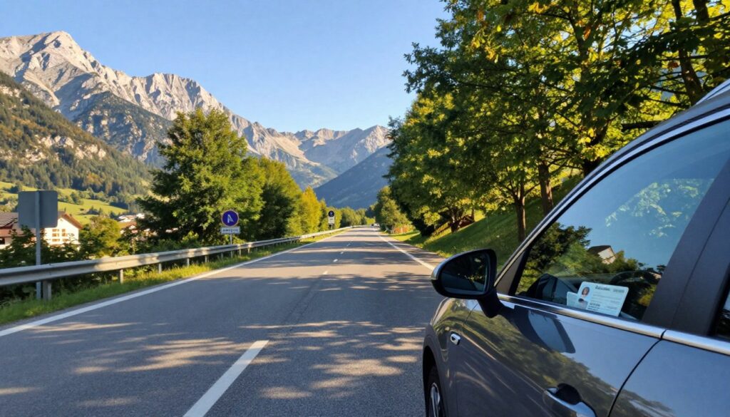 A scenic road trip scene showcasing a modern vehicle driving towards Slovenia. In the foreground, the car, sleek and polished, is parked beside a picturesque highway, with rugged mountains in the background under a clear blue sky. The middle ground features a well-maintained road lined with vibrant green trees and occasional roadside signs indicating the border ahead. The lighting is warm and inviting, suggesting a late afternoon drive, with soft shadows cast by the sunlight filtering through the leaves. The mood is adventurous yet serene, capturing the essence of a journey through beautiful landscapes. The setting should emphasize the importance of vehicle readiness and travel documents, with subtle elements like an open glove compartment revealing an ID and vehicle registration without being intrusive.