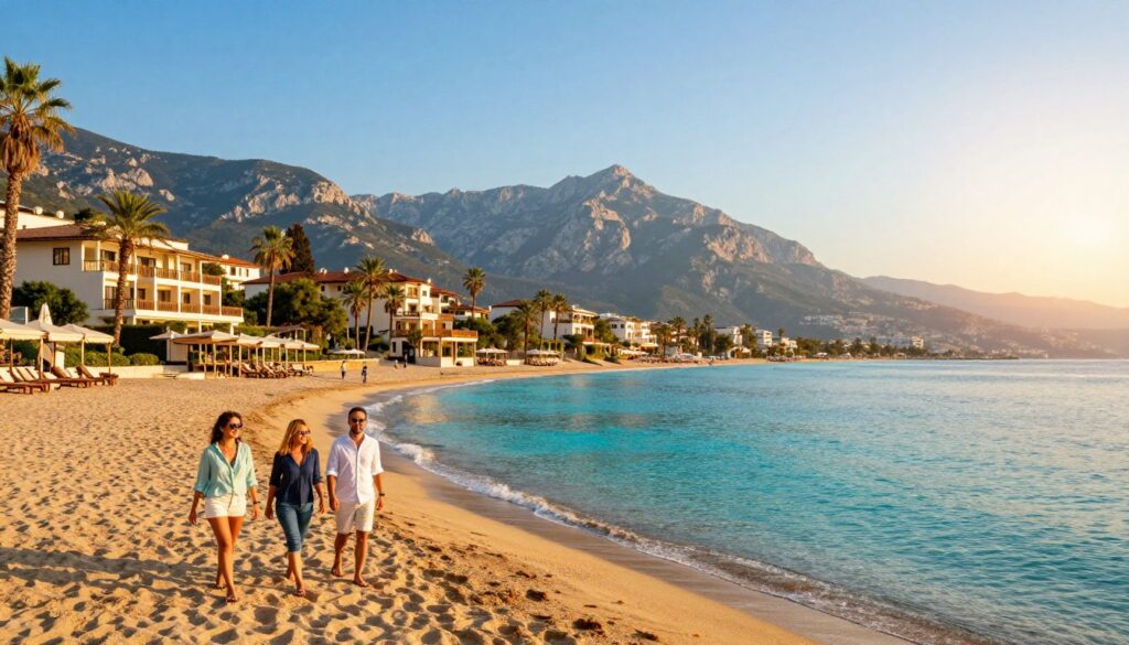 A scenic view of Antalya's coastline, showcasing a vibrant beach with golden sands and crystal-clear turquoise waters. In the foreground, a couple in smart casual attire is enjoying a leisurely stroll along the shore, their expressions filled with joy and relaxation. The middle ground features elegantly designed beach resorts with lush greenery, palm trees swaying gently in the breeze. In the background, majestic mountains rise against a clear blue sky, with the sun setting on the horizon casting a warm golden glow over the landscape. The atmosphere is tranquil and inviting, capturing the essence of classic vacations on the Turkish Riviera. The image should have soft lighting, emphasizing the serene mood of a perfect holiday. The angle should be slightly elevated, offering a sweeping panorama of the breathtaking scenery.