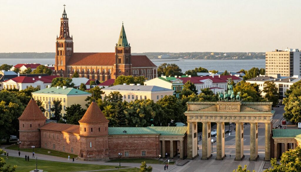 A scenic view of Kaliningrad, showcasing iconic attractions such as the Königsberg Cathedral and the Brandenburg Gate in the foreground. In the middle ground, a vibrant cityscape featuring historic buildings, with lush greenery surrounding them. The background reveals the beautiful Baltic Sea, complementing the scene. Use soft, golden hour lighting to create a warm and inviting atmosphere, casting gentle shadows and highlighting the architectural details. Capture the essence of a tranquil afternoon, with a few people in professional attire strolling along the promenade, enjoying the sights. Frame the composition with a slightly elevated angle, offering a panoramic view that conveys the charm and character of this unique city.