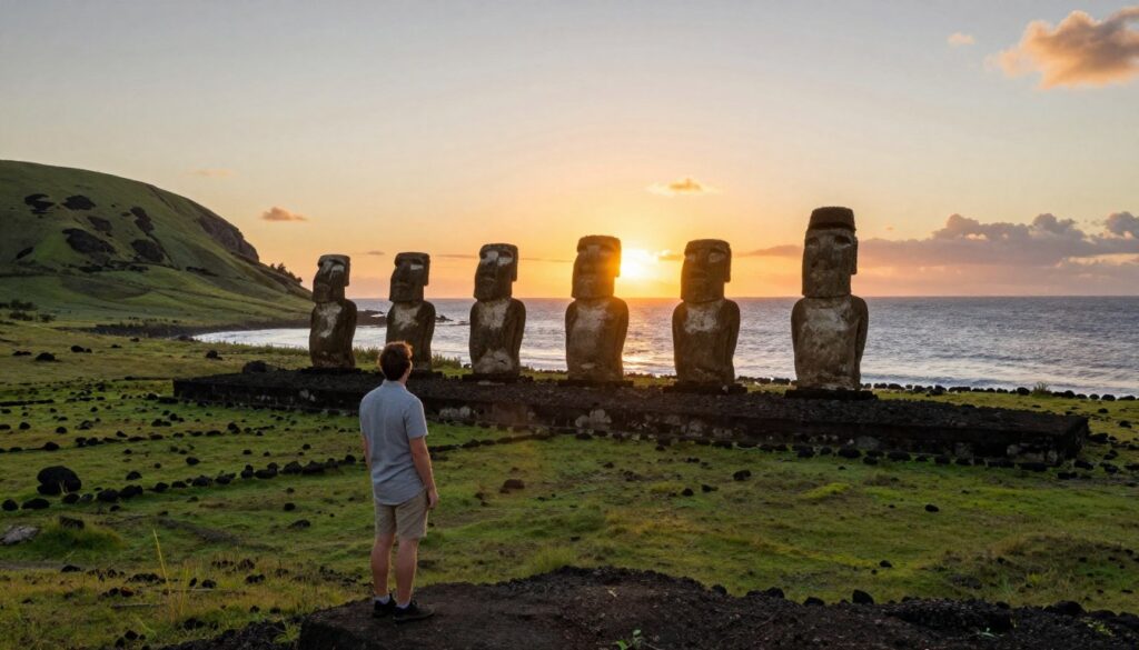 A scenic view of Rapa Nui, also known as Easter Island, showcasing its iconic Moai statues set against a backdrop of a vibrant sunset over the Pacific Ocean. In the foreground, a traveler in casual yet modest clothing is admiring the Moai, capturing the spirit of adventure and exploration. The middle ground features lush green hills and the unique volcanic terrain of the island, while the expansive ocean stretches in the background, reflecting the warm hues of the setting sun. Soft golden light bathes the scene, creating a serene and enchanting atmosphere. The composition is shot from a slightly elevated angle to capture the beauty of both the statues and the surrounding landscape, evoking a sense of wanderlust and the allure of this remote destination.