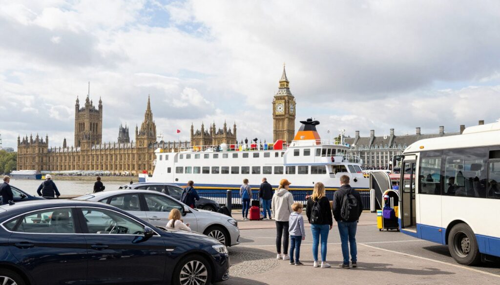 A scenic view of a British port with vehicles queued up for boarding a ferry, set against the backdrop of iconic British landmarks like Big Ben and the London Eye. In the foreground, a stylish car is parked next to a bus, while a family of four, dressed in modest casual clothing, awaits nearby. The middle ground features a vibrant ferry ready to depart, with travelers carrying luggage. The background showcases a cloudy but bright sky, reflecting the typical British weather. Soft, natural lighting enhances the image, evoking a sense of adventure and anticipation. Capture this bustling atmosphere from a slightly elevated angle to provide a comprehensive view of the entry points to the UK. A scenic view of a British port with vehicles queued up for boarding a ferry, set against the backdrop of iconic British landmarks like Big Ben and the London Eye. In the foreground, a stylish car is parked next to a bus, while a family of four, dressed in modest casual clothing, awaits nearby. The middle ground features a vibrant ferry ready to depart, with travelers carrying luggage. The background showcases a cloudy but bright sky, reflecting the typical British weather. Soft, natural lighting enhances the image, evoking a sense of adventure and anticipation. Capture this bustling atmosphere from a slightly elevated angle to provide a comprehensive view of the entry points to the UK.