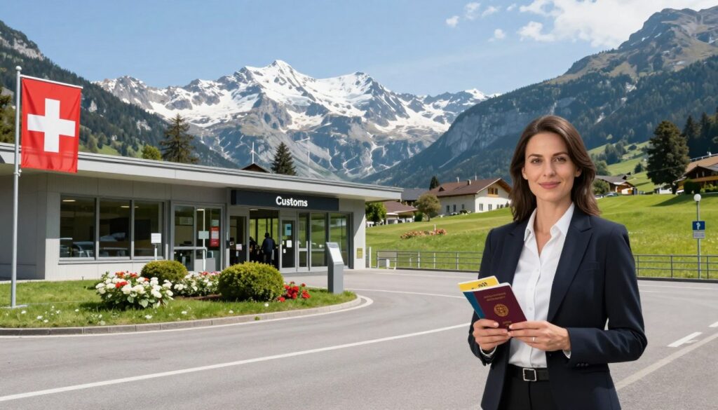 A scenic view of a border checkpoint between two nations, symbolizing the entry into Switzerland. In the foreground, a professional-looking woman in business attire holding a valid passport and a travel guide, standing confidently with a slight smile. In the middle, a sleek, modern building with large windows labeled 'Customs' and a serene garden with Swiss flags fluttering. The background shows the breathtaking Swiss Alps under a clear blue sky, creating a sense of adventure and relaxation. Soft, natural lighting enhances the scene, with a wide-angle lens capturing the depth of the landscape. The mood is welcoming and informative, emphasizing the simplicity and beauty of traveling to Switzerland for a tourist stay of up to 90 days without a visa.
