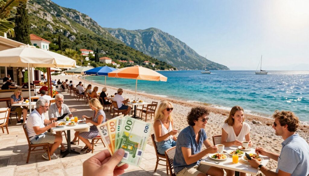 A scenic view of a charming Montenegrin coastline, with a vibrant beach surrounded by lush green mountains and clear blue skies. In the foreground, a diverse group of travelers dressed in modest casual clothing, smiling and enjoying their time, holding Euros and local currency. The middle layer features a quaint seaside café with delightful tables under colorful umbrellas, showcasing fresh local dishes. The background captures the serene Adriatic Sea, sparkling under the warm sunlight, with a few sailboats gently gliding across the water. The image should convey a warm, inviting atmosphere of leisure and exploration, highlighting the beauty and cultural richness of Montenegro as a vacation destination. The lighting should be bright and cheerful, emphasizing a perfect summer day.