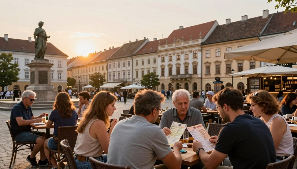 A scenic view of popular tourist spots in Hungary, featuring a charming outdoor café bustling with travelers. In the foreground, a diverse group of tourists, dressed in modest casual clothing, engages in a lively discussion while examining a menu displaying prices in euros. In the middle ground, a picturesque statue and historic buildings typical of Hungarian architecture set the scene, with people exchanging currency at a nearby kiosk. In the background, the sun sets, casting a warm golden light over the scene, enhancing the inviting and vibrant atmosphere of an unforgettable travel experience. The composition should emphasize the notion of using euros as a convenient payment option in popular tourist areas.