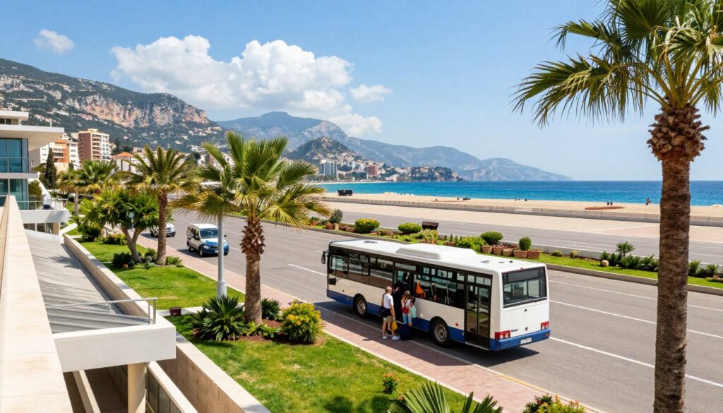 A scenic view of the Antalya airport with a modern terminal building in the foreground, surrounded by palm trees and lush greenery. In the middle ground, a shuttle bus or private transfer vehicle is parked, with passengers loading their luggage, dressed in casual travel attire. The background features picturesque coastal cliffs and the blue Mediterranean Sea, under a bright, sunny sky with a few fluffy clouds. The image captures a warm, inviting atmosphere, reflecting the excitement of traveling to Alanya. The lighting is bright and cheerful, evoking a sense of adventure. The angle is slightly elevated, providing a panoramic view of the scene, emphasizing the journey from the airport to Alanya.