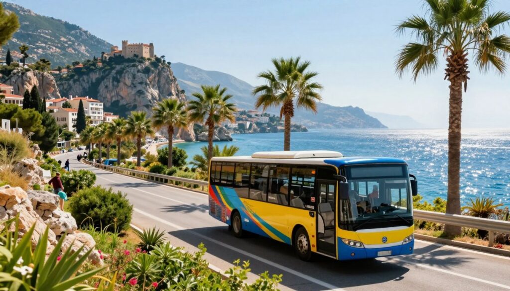 A scenic view of the transfer route from Antalya to Alanya, showcasing a modern bus traveling along a picturesque coastal highway. In the foreground, the bus, painted in vibrant colors and featuring comfortable seating, is surrounded by lush greenery and palm trees. The middle ground reveals stunning cliffs and the sparkling turquoise sea, reflecting sunlight under a clear blue sky, while a few tourists admire the breathtaking landscape. In the background, the dramatic silhouette of Alanya castle can be seen perched on a cliff, capturing the essence of a traveler's adventure. The lighting is bright and inviting, creating a warm, cheerful atmosphere, perfect for a journey in beautiful Turkey. The angle captures both the bus and the stunning views, highlighting the scenic nature of the transfer.