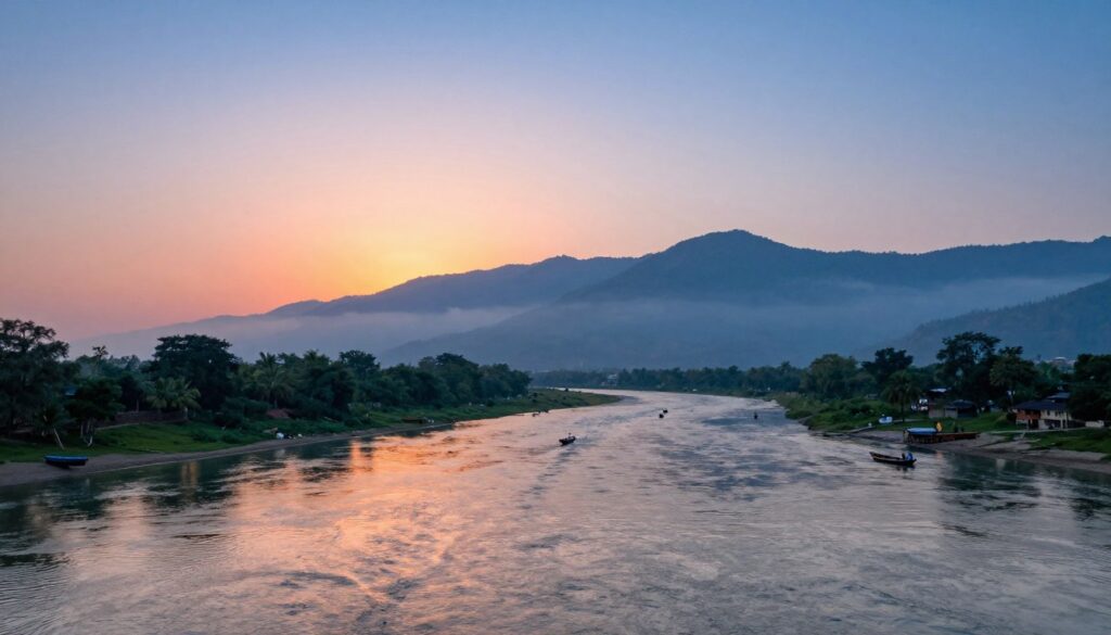A serene Indian landscape featuring majestic rivers, primarily focusing on the Ganges and Brahmaputra. In the foreground, gently flowing waters reflect the vibrant colors of the sunset, casting shimmering hues of orange and pink. Lush greenery lines the riverbanks, with small boats dotting the water, symbolizing local culture and livelihood. In the middle ground, rugged mountains rise, partially shrouded in mist, hinting at the diverse geography of India. The background showcases a clear sky transitioning from daylight to twilight, enhancing the tranquil atmosphere. The scene is captured from a slightly elevated angle, giving a panoramic view of the confluence of rivers as they flow into the Indian Ocean. The overall mood is peaceful and inspiring, evoking a deep connection to nature and the significance of these waterways in Indian geography.