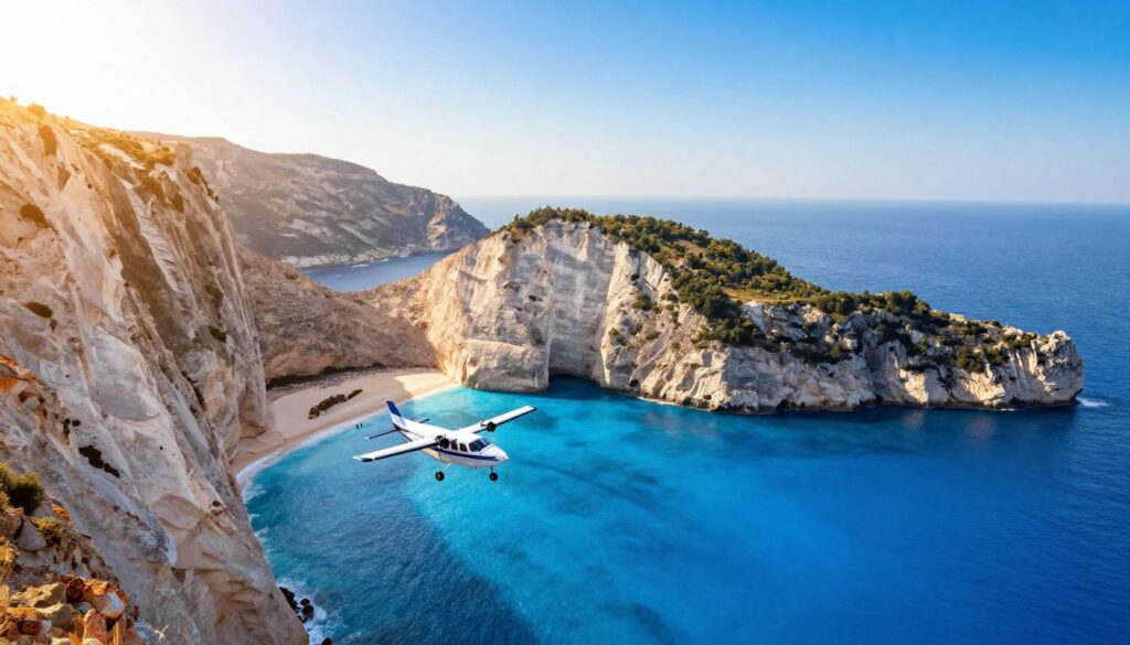 A serene aerial view of Zakynthos, Greece, showcasing its stunning landscape. In the foreground, a small charter plane glides gracefully, emphasizing the travel aspect. In the middle ground, the iconic Shipwreck Beach (Navagio) with its turquoise waters and dramatic cliffs creates a breathtaking backdrop. The vibrant colors of the sea contrast beautifully with the sandy beach, under a bright, clear blue sky. The sun casts a warm, golden glow over the scene, highlighting the natural beauty of the island. Capture the atmosphere of relaxation and adventure, with soft, inviting lighting that enhances the overall picturesque setting, shot with a wide-angle lens to grasp the expansive scenery. No human figures are present, ensuring a focus on the landscape.