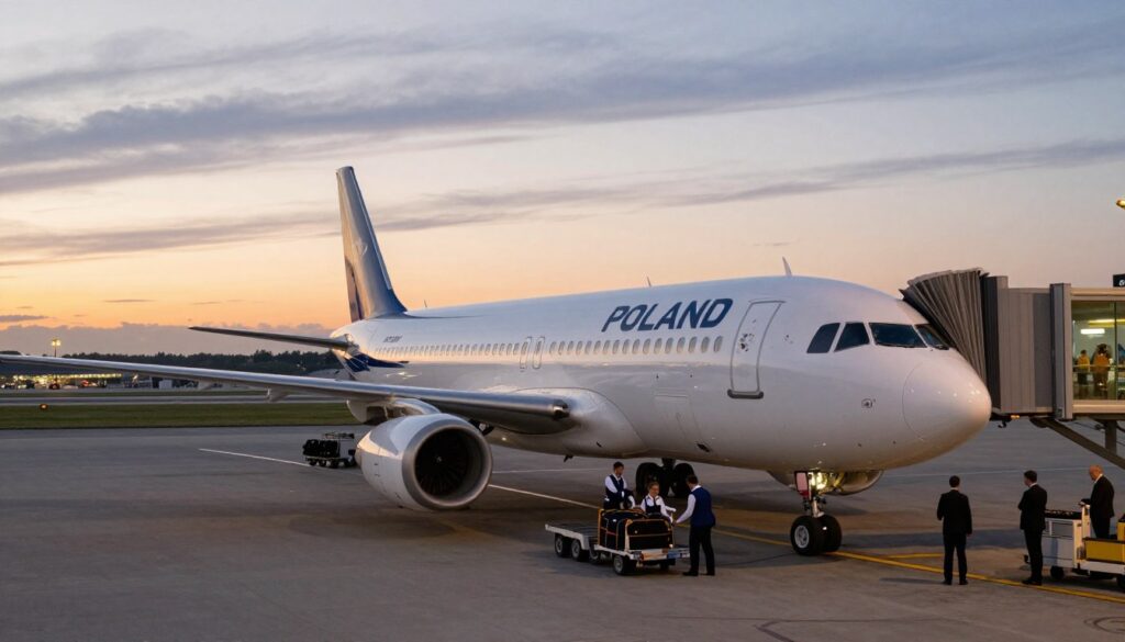 A serene airport scene illustrating a flight path from Poland to the USA. In the foreground, a modern aircraft is poised on the runway, with clear details showcasing its sleek design and polished body. The middle ground features airport staff in professional business attire efficiently managing passenger flow, accompanied by organized baggage carts. In the background, a dynamic sky transitions from day to evening, symbolizing the varying weather conditions impacting flight times. Soft, ambient lighting casts a warm glow, creating a hopeful atmosphere. A distant view of the airport terminal captures travelers checking in, conveying the importance of planning and organization while representing the busy nature of international travel. The composition should evoke a sense of anticipation and professionalism without any text or distractions.