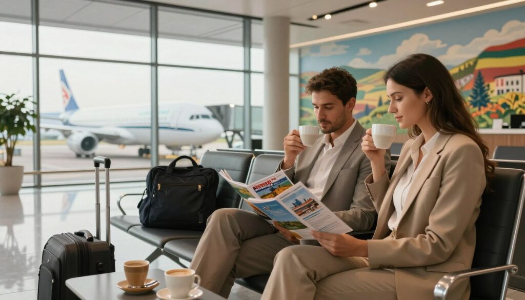 A serene airport scene showcasing the comfort of traveling to Bulgaria. In the foreground, a professional-looking couple dressed in modest business attire is seated comfortably in a modern lounge, sipping coffee and reading travel brochures. The middle ground features a well-designed airport setting with large windows letting in warm, natural light, displaying planes ready for boarding. In the background, a mural depicting the beautiful landscapes of Bulgaria adds a vibrant touch. The atmosphere conveys a sense of relaxation and anticipation, with soft lighting emphasizing the feeling of ease and professionalism. The composition highlights the theme of planning for a smooth journey, focusing on comfort and budget awareness while traveling.
