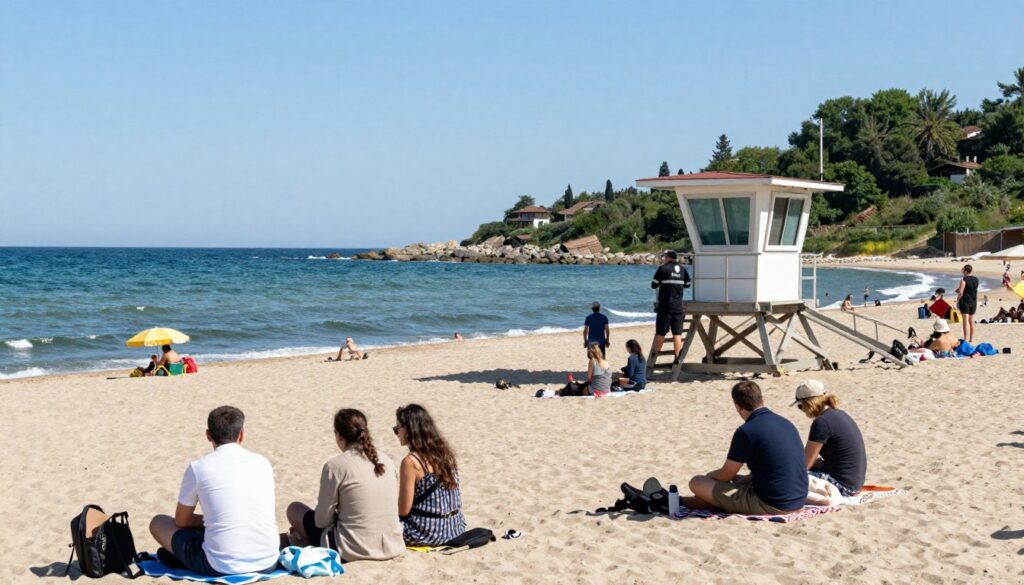 A serene beach scene in Bulgaria, depicting a calm atmosphere for tourists. In the foreground, a diverse group of tourists dressed in modest casual clothing, enjoying the sun and each other's company, while maintaining a sense of awareness of their surroundings. In the middle ground, a lifeguard station is visible, with a professional lifeguard attentively observing the beachgoers, reflecting a sense of safety and vigilance. The background features the beautiful Black Sea with gentle waves under a clear blue sky, framed by lush greenery on the shoreline. The lighting is bright and inviting, suggesting a warm, pleasant day, enhancing the tranquil mood. The overall composition should evoke feelings of security and relaxation for travelers in a picturesque setting.