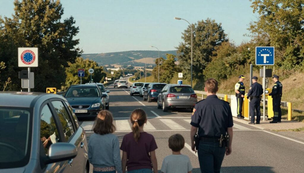 A serene border checkpoint scene depicting vehicles approaching a European border in the Schengen area. In the foreground, a family is seen in a modest car, dressed in casual yet presentable clothing, looking towards the checkpoint, which features official signage and security personnel in professional attire. In the middle ground, a small line of cars waits at the border with customs officers engaging with travelers in a polite and professional manner. The background showcases a picturesque landscape, with rolling hills and trees flanking the roads, under a clear blue sky. The lighting is warm and natural, suggesting a calm day, aiming to evoke a sense of anticipation and order.