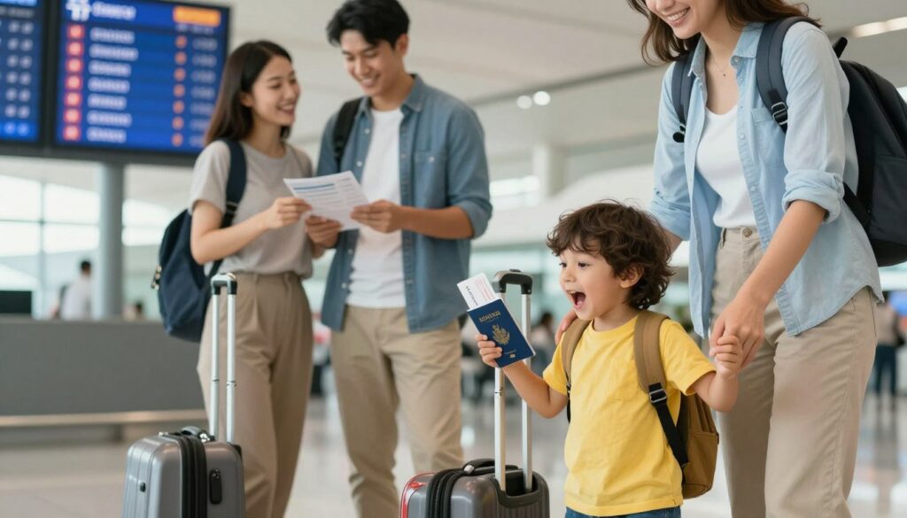 A serene family scene at an airport before a trip to Greece, featuring a young child excitedly holding a passport and a small suitcase. In the foreground, the child, dressed in a bright, casual outfit, stands beside a parent who gently guides them. In the middle ground, cheerful parents, dressed in modest casual clothing, are checking travel documents while a digital departure board can be seen in the background, displaying flights to Greece. Soft, natural lighting creates an inviting atmosphere, with a slight blur on the background to focus on the child’s enthusiasm. The overall mood is one of joy and anticipation for a hassle-free journey, encapsulating the essence of child-friendly travel preparation.