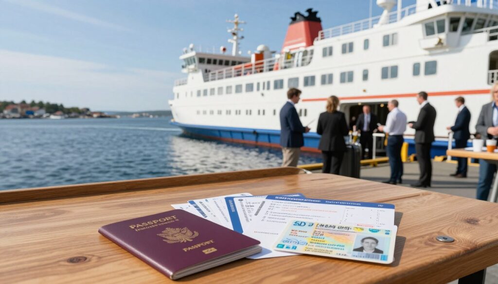 A serene ferry traveling from a bustling port towards the scenic coast of Sweden, with a focus on an assortment of essential travel documents spread neatly on a wooden table in the foreground. The documents include a passport, boarding pass, and driver's license, all showing clear details to imply readiness for travel. In the middle ground, people in professional business attire are seen interacting with ferry staff, highlighting an organized boarding process. The background features the calm sea under a clear blue sky with distant Swedish land, creating an inviting atmosphere. The image should be illuminated by soft sunlight, casting gentle reflections on the water, captured with a wide-angle lens to embrace the expansive setting.