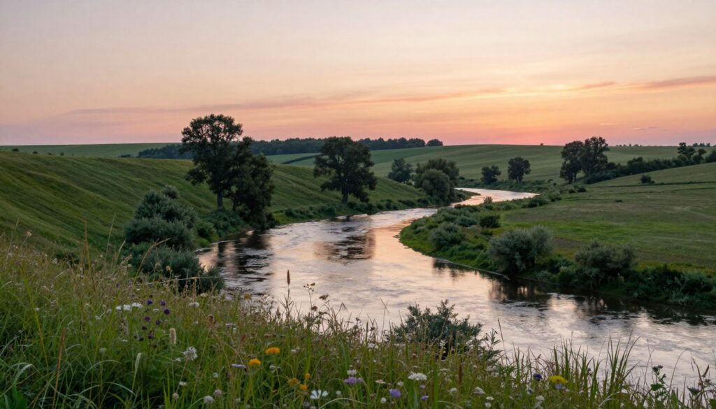 A serene landscape depicting the Milk River meandering through lush greenery, representing the geographical area around Radom. In the foreground, delicate wildflowers and tall grasses frame the scene, with the river gently flowing, reflecting the soft colors of the sky. In the middle ground, gentle hills rise up, dotted with clusters of trees that provide shade and texture. The background showcases a horizon filled with rolling fields under a pastel sunset, casting a warm orange and pink glow over the landscape. The atmosphere is tranquil and inviting, with soft, diffused lighting that enhances the natural beauty. The composition offers a wide angle view, emphasizing the harmony between the river and the surrounding countryside.