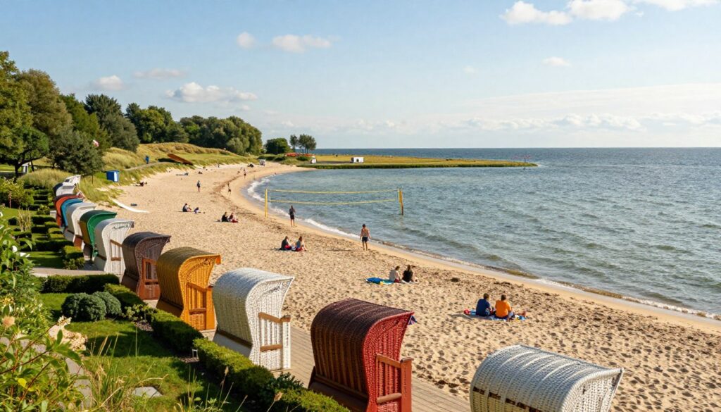 A serene landscape showcasing Krynica Morska's unique position between the Baltic Sea and the Vistula Lagoon. In the foreground, colorful beach houses with well-kept gardens line a sandy shore, inviting visitors to relax. In the middle ground, gentle waves lap at the beach, while families enjoy activities like beach volleyball and picnicking on the warm sand. The background features lush greenery and rolling dunes, with the shimmering Vistula Lagoon visible under a clear blue sky. Soft sunlight filters through the clouds, creating a warm, inviting atmosphere. Capture this scene from a slightly elevated angle to emphasize the transition between sea and lagoon, evoking a sense of tranquility and natural beauty, perfect for a travel destination.
