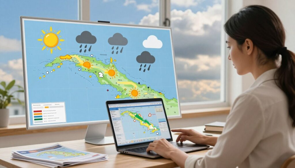 A serene travel planning scene depicting various weather conditions relevant for a trip to Cuba. In the foreground, a travel advisor sitting at a desk, dressed in professional business attire, studying a weather forecast on a laptop, surrounded by maps and travel brochures. The middle ground features a large map of Cuba with icons representing sunny, rainy, and stormy weather, symbolizing different climates. In the background, a window showing the sky transitioning from clear blue to cloudy, illustrating changing weather conditions. Soft, natural lighting enters from the window, creating a warm and inviting atmosphere, suggesting an informed travel experience. The composition should convey a sense of preparation and understanding of weather patterns for optimized travel plans.