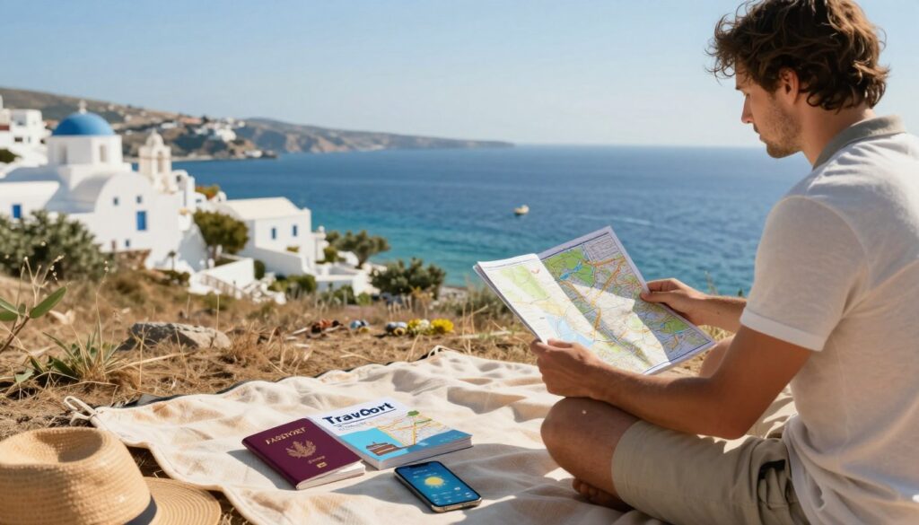 A serene travel scene depicting a picturesque Greek landscape, featuring a traveler preparing for a vacation. In the foreground, a neatly arranged picnic blanket holds essential travel items: a passport, a travel guidebook about Greece, a map, and a smartphone displaying a weather app. The middle ground showcases the vibrant blue sea and iconic whitewashed buildings of a Greek island under a clear blue sky. In the background, gentle hills and a distant view of olive trees complete the scenery. The lighting is warm and bright, suggesting midday sun, casting soft shadows. The mood is relaxed and inviting, evoking a sense of anticipation for adventure and exploration. The traveler is dressed in modest, casual summer attire, looking thoughtfully at the map, emphasizing preparation for the journey ahead.