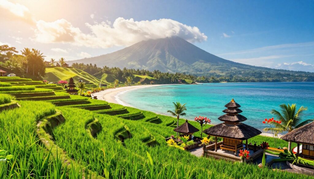 A serene tropical landscape illustrating the climate of Bali, featuring lush, green rice terraces in the foreground, with a traditional Balinese temple surrounded by vibrant tropical flowers. In the middle ground, gentle rolling hills lead to a stunning beach with soft white sands and crystal-clear turquoise waters, reflecting the bright sun. The background reveals a majestic, cloud-capped volcano under a blue sky dotted with fluffy white clouds, symbolizing the island's rich geography. A warm, golden light bathes the scene, creating an inviting and tranquil atmosphere. The image conveys a sense of paradise, inviting travelers to immerse themselves in the unique seasonal beauty of Bali.