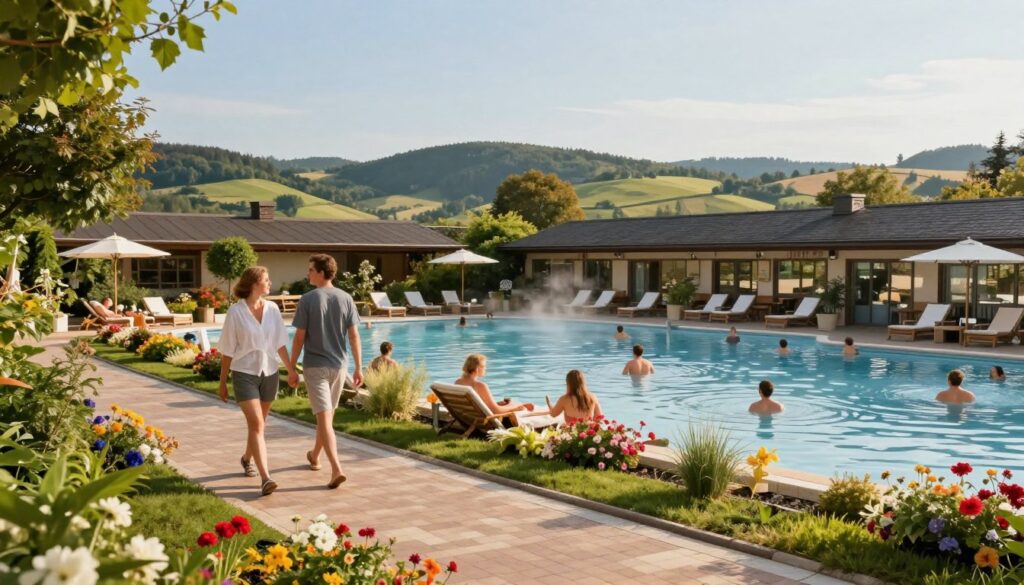 A serene weekend scene in Uniejów, showcasing a relaxing day at the thermal baths with a picturesque landscape. In the foreground, a couple in modest casual clothing strolls hand in hand along a pathway lined with lush greenery and colorful flowers. The middle ground features the inviting thermal bath facility, with people enjoying the warm waters and others lounging on comfortable chairs. In the background, rolling hills and a clear blue sky create a tranquil atmosphere, emphasizing relaxation. Soft, warm lighting bathes the scene, enhancing the pleasant vibe. The angle captures a slightly elevated view, providing a sense of space and inviting viewers into the scene, evoking a peaceful and leisurely day.