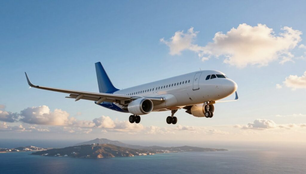 A sleek, modern airplane cruising through a bright blue sky, showcasing its elegant design and vibrant colors. In the foreground, the aircraft is angled slightly downward, emphasizing its aerodynamic features, with the sunlight reflecting off its polished surface. The middle ground includes a few fluffy white clouds scattered across the sky, adding depth and contrast. In the background, a distant view of the Greek island of Zakynthos can be seen, with its stunning coastline and crystal-clear waters, hinting at the destination. The scene is bathed in warm, golden sunlight, creating a soothing and inviting atmosphere. The image conveys a sense of adventure and anticipation, perfect for illustrating the dynamics of air travel to Zakynthos.