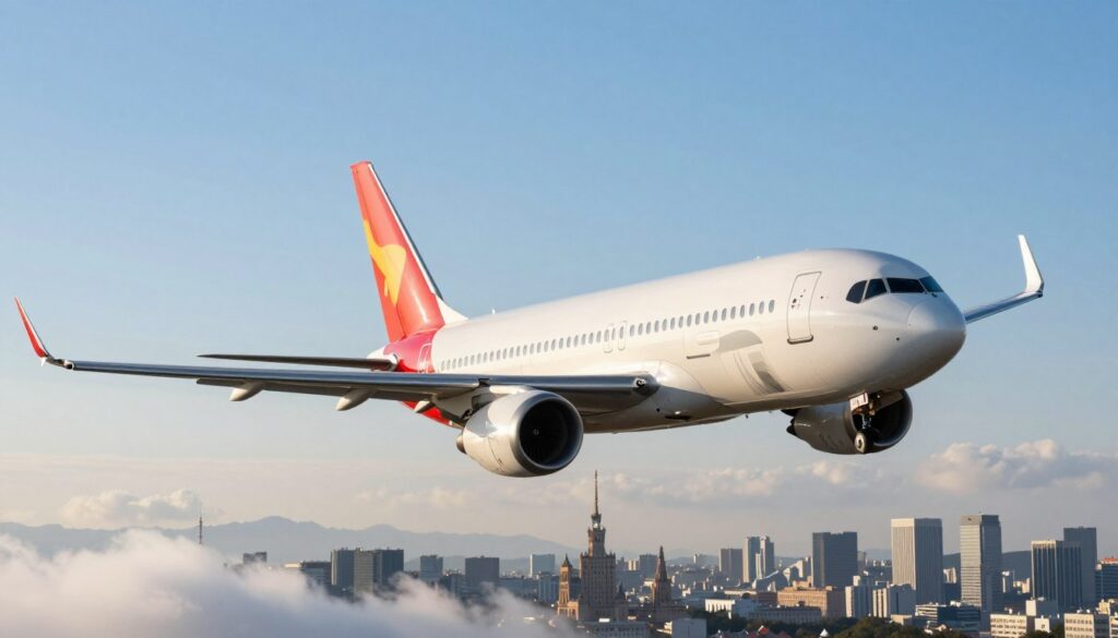 A sleek, modern airplane soaring through a bright blue sky, symbolizing a direct flight from Warsaw to Tokyo. In the foreground, the airplane is depicted with clear details, showcasing its polished metallic surface and vibrant airline colors. The middle section captures glimpses of white fluffy clouds, enhancing the sense of altitude and speed. In the background, the horizon line hints at both city skylines: Warsaw's historic features merging into the futuristic skyline of Tokyo, representing the journey. Soft daylight bathes the scene in warm tones, evoking a sense of adventure and excitement. The composition is angled to depict the airplane's ascent, emphasizing motion and purpose. The image exudes a professional, travel-focused atmosphere, perfect for illustrating efficient travel options.