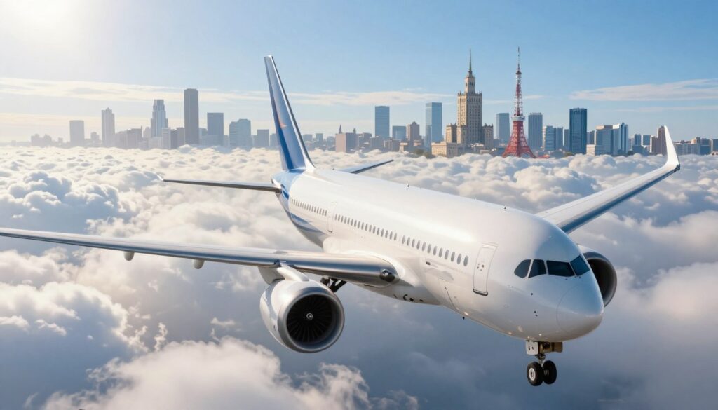 A sleek, modern airplane soaring through a bright blue sky, symbolizing a direct flight from Warsaw to Tokyo. In the foreground, the airplane is angled dynamically, showcasing its wings and engines in sharp detail. The middle ground features fluffy white clouds, emphasizing the height and speed of the flight. In the background, abstract representations of Warsaw’s iconic skyline merging into Tokyo’s distinct skyline, hinting at the journey between the two cities. Soft sunlight filters through the clouds, creating a warm and optimistic atmosphere. The scene conveys urgency and elegance, ideal for illustrating the concept of the fastest direct route. The composition is detailed and vibrant, creating a sense of movement and adventure.