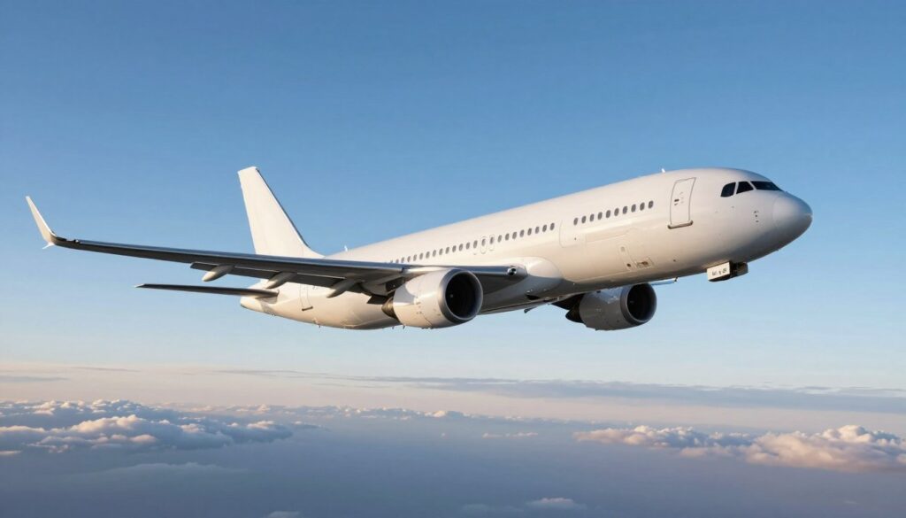 A sleek, modern airplane soaring through a clear blue sky, symbolizing direct flights from Poland to Australia. In the foreground, the airplane is depicted in vivid detail with polished metal reflecting sunlight. The middle ground features a subtle gradient of clouds enhancing the feeling of high altitude, while the background showcases a distant horizon inflected with the soft hues of sunrise, capturing the essence of long-haul travel. The lighting is bright and inviting, creating a sense of adventure and possibility. The overall mood conveys efficiency and optimism, emphasizing the potential of future direct connections. The image excludes any text or markings, focusing solely on the airplane and its journey.