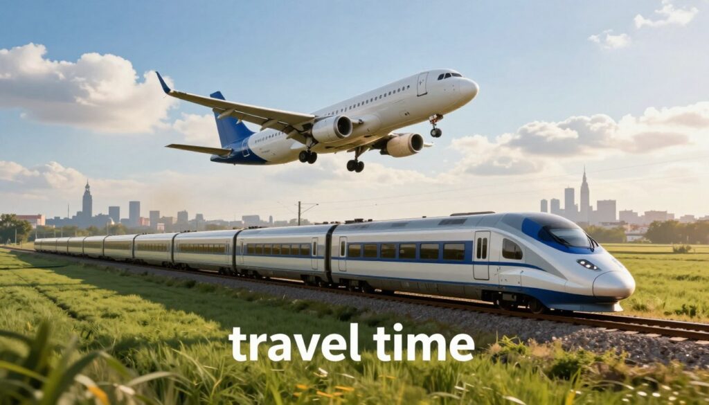 A split-image scene illustrating the concept of "travel time" between Warsaw and Gdańsk, juxtaposing a modern airplane soaring through a bright blue sky with fluffy white clouds in the foreground, and a sleek, high-speed train gliding smoothly along green fields in the middle ground. In the background, depict the silhouette of a city skyline with iconic landmarks from both cities. Soft, golden sunlight bathes the scene, casting gentle shadows and creating a warm atmosphere. The airplane is shown taking off, representing efficiency and speed, while the train travels steadily, symbolizing comfort and reliability. Focus on capturing the dynamic contrast between air and rail travel, with an emphasis on movement and accessibility, evoking a sense of choice and urgency.