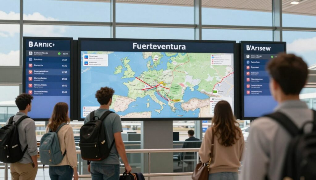 A split scene illustrating travel costs and experiences for a flight to Fuerteventura from Warsaw. In the foreground, a modern airport terminal with travelers dressed in casual yet neat clothing, consulting flight information on screens showing direct flights and layovers. In the middle, a large map showcasing flight paths between Warsaw and Fuerteventura, marked with estimated travel times and prices. In the background, a bright blue sky visible through large windows, indicating a sunny day, creating an optimistic and inviting atmosphere. Soft, natural lighting enhances the clarity of the scene, with a slight blur on the edges to draw focus to the colorful details of the map and travelers. The image conveys a sense of ease and decision-making in travel. A split scene illustrating travel costs and experiences for a flight to Fuerteventura from Warsaw. In the foreground, a modern airport terminal with travelers dressed in casual yet neat clothing, consulting flight information on screens showing direct flights and layovers. In the middle, a large map showcasing flight paths between Warsaw and Fuerteventura, marked with estimated travel times and prices. In the background, a bright blue sky visible through large windows, indicating a sunny day, creating an optimistic and inviting atmosphere. Soft, natural lighting enhances the clarity of the scene, with a slight blur on the edges to draw focus to the colorful details of the map and travelers. The image conveys a sense of ease and decision-making in travel.
