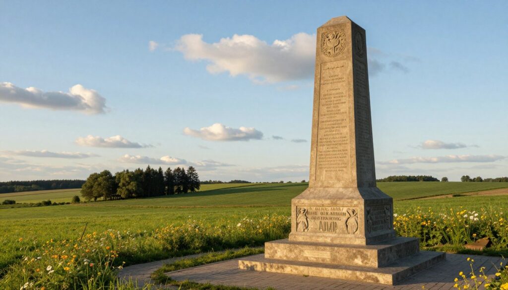 A striking memorial monument dedicated to the Battle of Grunwald stands prominently in the foreground, featuring intricate carvings and inscriptions that reflect its historical significance. The monument is framed by a serene landscape of rolling green fields and distant trees in the middle ground, symbolizing peace and remembrance. In the background, a soft blue sky accentuated by fluffy white clouds adds a tranquil atmosphere. The soft, warm sunlight bathes the scene, casting gentle shadows and highlighting the textures of the monument and surrounding scenery. A path lined with vibrant wildflowers leads to the memorial, inviting viewers to reflect on history. The overall mood is contemplative and respectful, capturing the essence of this significant place of memory.