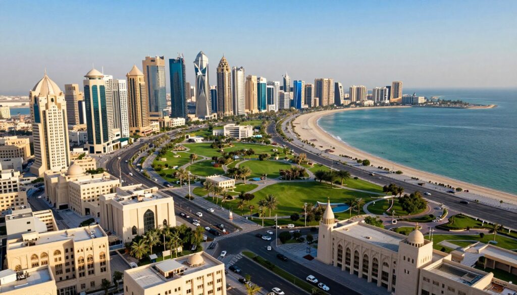 A stunning aerial view of Qatar, showcasing its unique geography in the Arabian Peninsula and its position in the Persian Gulf region. In the foreground, depict the modern skyline of Doha with high-rise buildings, blending traditional Islamic architecture with contemporary design. In the middle ground, capture lush green parks and waterfront promenades, emphasizing the contrast between urban life and natural elements. In the background, illustrate the blue waters of the Persian Gulf, gently lapping at the coast, with a clear sky overhead. The lighting should be bright and vibrant, conveying a warm, welcoming atmosphere. Use a wide-angle lens effect to enhance the sense of grandeur and scale, inviting viewers to explore this distinctive nation.