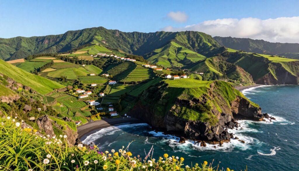 A stunning aerial view of the Azores and Madeira archipelagos, showcasing their lush greenery and dramatic cliffs. In the foreground, vibrant wildflowers bloom along the rocky coastline, with waves crashing against the shore. The middle ground features the rolling hills and volcanic landscapes of the Azores, dotted with charming white-washed cottages and terraced fields. In the background, the majestic peaks of Madeira rise against a clear blue sky, with soft, luminous sunlight casting gentle shadows. The atmosphere is serene and inviting, capturing the essence of these Portuguese islands in the Atlantic Ocean. The scene is bright and colorful, enhancing the beauty of this exotic destination, with a focus on nature's splendor. The composition is dynamic, with a slightly elevated angle that emphasizes both the coastline and the islands’ lush interiors.