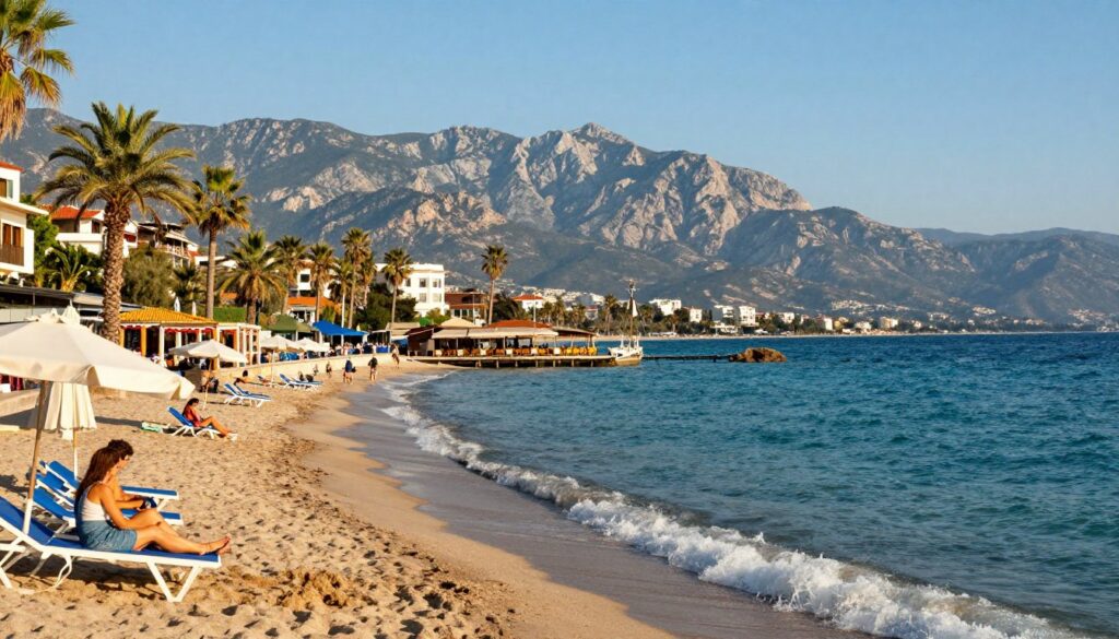 A stunning coastal view of Antalya on the Turkish Riviera, showcasing its beautiful beaches and turquoise waters. In the foreground, gentle waves lap against a sandy beach with sun loungers and umbrellas, while a couple in modest casual clothing enjoys the sun. The middle ground features palm trees swaying in the gentle breeze, and a glimpse of a charming seaside promenade lined with cafes and small shops. In the background, the dramatic Taurus Mountains rise majestically, bathed in warm sunlight, under a clear blue sky. The atmosphere is vibrant and inviting, perfect for a summer getaway. Capture this scene from a slightly elevated angle to emphasize the natural beauty and lively ambiance of the area, with soft lighting that enhances the tranquil yet lively mood.
