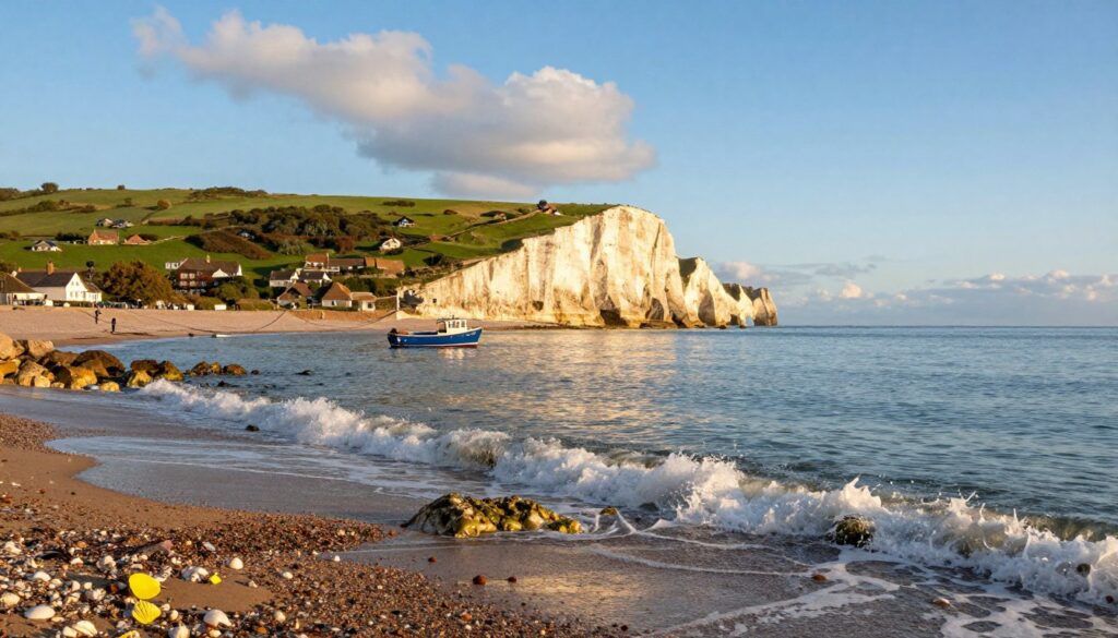 A stunning coastal view of the English Channel, capturing its dynamic essence. In the foreground, gentle waves lapping against a rocky shore, with some bright seashells scattered on the sand. The middle ground highlights a tranquil fishing boat bobbing in the water, reflecting the sky, with a backdrop of lush green cliffs and a quaint village perched above. In the background, the iconic white chalk cliffs of Dover rise majestically against a clear blue sky with soft, fluffy clouds. The lighting is warm and inviting, as if in the golden hour before sunset, casting a soft glow across the scene. The atmosphere is serene yet vibrant, evoking a sense of tranquility and connection to nature.
