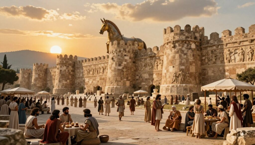 A stunning depiction of the ancient city of Troy, showcasing its mythological grandeur. In the foreground, a bustling agora filled with merchants and citizens clad in traditional Greek attire, engaged in lively discussions. The middle ground features the iconic walls of Troy, massive and imposing, adorned with detailed carvings and reliefs that narrate epic tales. In the background, a golden sunset casts warm light over the landscape, illuminating the Trojan horse peeking over the city's wall and distant hills. The atmosphere is vibrant yet mysterious, evoking the legendary stories of ancient Greek literature. Use a wide-angle lens to capture the expansive view, enhancing the dramatic feel of this historical marvel.