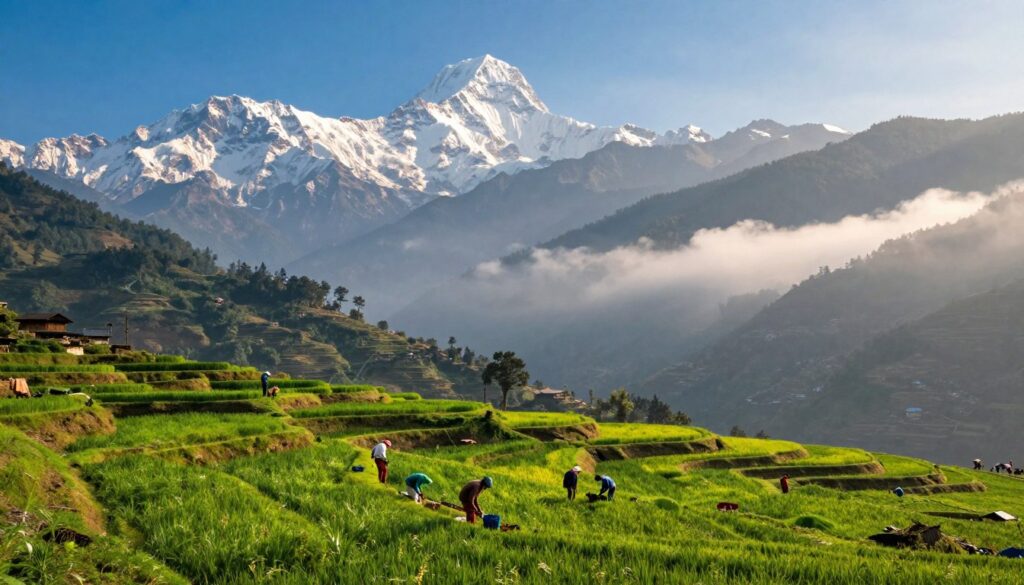 A stunning landscape of Nepal showcasing its diverse climate zones, featuring three distinct layers. In the foreground, lush green terraced fields depict the monsoon season, glistening under soft sunlight; farmers in modest clothing work diligently. The middle layer reveals a majestic Himalayan range with snow-capped peaks under a clear blue sky, hinting at cooler temperatures. In the background, a cloud-covered valley represents the varying precipitation levels, with mist rising from dense forests. The scene should have warm, inviting lighting, emphasizing the tranquility and richness of Nepal's climate. Capture the essence of changing weather patterns and the harmony of nature, without any text or distractions.